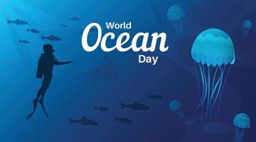 Weltmeertag-Banner mit einem Thema Unterwassertauchen mit Fischschwärmen, Schildkröten und Quallen. vektor