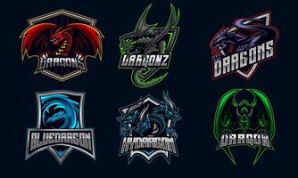 Dragon E-Sport-Logo-Design-Bundle-Set, Symbol, Icon-Sammlung, Vektorgrafik-Gaming-Team vektor
