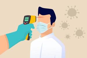 covid 19 coronavirus influensa patient med hög temperatur feber begrepp, läkare innehav infraröd termometer till mäta kropp temperatur på panna resultat i hög temperatur feber med virus patogener vektor
