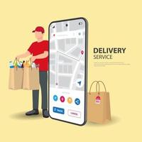 uppkopplad mat leverans. ung kurir leverera mat beställa med stad Karta rutt navigering smartphone vektor