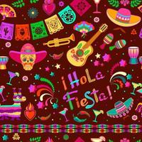 fiesta sömlös mönster. mexikansk färgrik platt symboler på brun. vektor. vektor