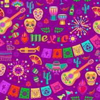 fiesta sömlös mönster. mexikansk Semester färgrik platt symboler. vektor illustration.