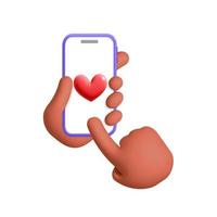 3d vektor tecknad serie framställa afrikansk hand innehar smartphone skickar kärlek hjärta form symbol valentine dag attrapp design