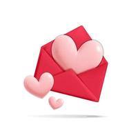 3D-Vektorkarikatur übertragen Liebe romantisches Valentinstaggeschenk roter Umschlagpostbrief mit rosa Herz formt Ikonenmodelldesign vektor
