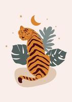 Sammanträde kinesisk tiger i boho asiatisk stil. minimalistisk scen. modern tecknad serie platt tiger skriva ut. stock vektor illustration.