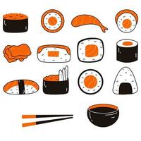 Sushi-Set mit Sojasauce, Ingwer, Wasabi, Essstäbchen im Doodle-Stil. hand gezeichnete illustration der japanischen traditionellen küche vektor