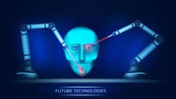 en trogen begrepp av artificiell intelligens var två mekanisk manipulatorer skapa cybernetiska huvud av robot med lasrar. cyborg ansikte. vektor illustration.