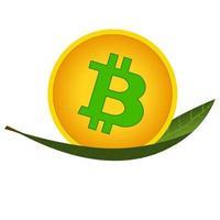 bitcoin-münze auf grünem blatt isoliert auf weiß. konzept des schürfens von kryptowährungen unter verwendung grüner erneuerbarer energien zum schutz der umwelt. vektor