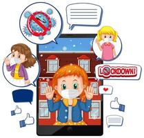 Tablet-Videoanruf über Lockdown und Corona-Virus mit Social-Media-Symbol auf weißem Hintergrund vektor