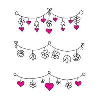 handgezeichneter schwarzer Umriss auf weißem Hintergrund einfacher Vektorsatz festlicher Girlanden mit Blumenrosen, rosa Herzen für die Gestaltung von Karten, Bannern, Dekorationselementen zum Valentinstag vektor