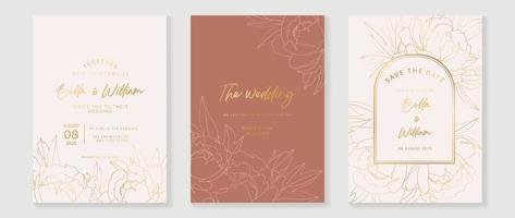 Luxus-Hochzeitseinladungskarte Hintergrundvektor. abstrakte botanische blume goldene konturzeichnung linie kunst textur vorlage hintergrund. designillustration für hochzeits- und vip-cover-vorlage, banner. vektor