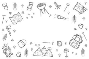 Camping-Doodle-Symbole gesetzt. Vektorillustration von Wanderelementen. lokalisiert auf weißer skizze, wanderndes logokonzept. vektor