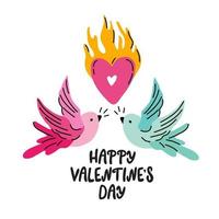 romantische beschriftung glücklicher valentinstag, brennendes herz, taubenvogelzusammensetzung. vektor