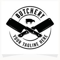 butchery affär logotyp design mall. ko och kött köttyxa kniv vektor design.