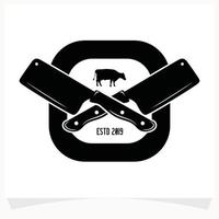 butchery affär logotyp design mall. ko och kött köttyxa kniv vektor design.