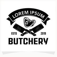 butchery affär logotyp design mall. ko och kött köttyxa kniv vektor design.