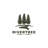 Immergrüne Kiefern mit River Creek-Logo-Vektorillustrations-Designvorlage, Vektorillustration für Logo-Design-Inspiration im Freien vektor