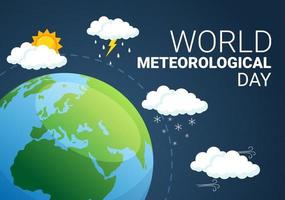 värld meteorologiska dag illustration med meteorologi vetenskap och forska väder i platt tecknad serie hand dragen för landning sida mallar vektor