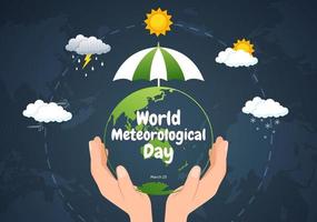 värld meteorologiska dag illustration med meteorologi vetenskap och forska väder i platt tecknad serie hand dragen för landning sida mallar vektor