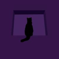 svart katt på fönster. Sammanträde svart katt. lila bakgrund. trendig design för hälsning kort, inbjudningar, posters och vägg konst. vektor