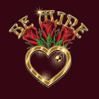 Etikett mit goldenem Herz, Strauß roter Rosen, Text sei mein. vektorfeiertag für hochzeit, verlobungsereignis, valentinstag, geschenkdekoration. für drucke, kleidung, t-shirt, oberflächengestaltung