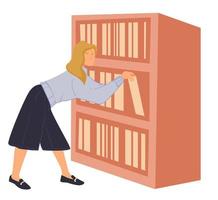 Frau, die Bücher im Regal in der Bibliothek oder im Geschäft erreicht vektor