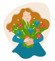 Lycklig kvinna kel bukett av blomstrande blomma vektor