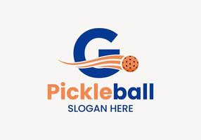 Buchstabe g Pickleball-Logo-Konzept mit beweglichem Pickleball-Symbol. Pickle-Ball-Logo-Vektorvorlage vektor