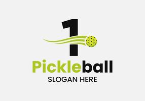 brev 1 pickleball logotyp begrepp med rör på sig ättikslag boll symbol. ättikslag boll logotyp vektor mall