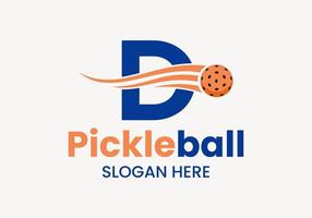 brev d pickleball logotyp begrepp med rör på sig pickleball symbol. ättikslag boll logotyp vektor mall