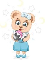 söt tecknad serie teddy Björn med en mjuk leksak panda vektor