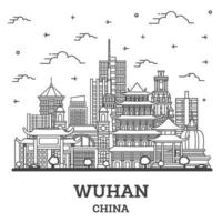 skizzieren sie die skyline der stadt wuhan china mit modernen gebäuden, die auf weiß isoliert sind. vektor