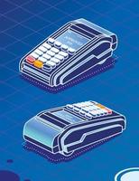 isometrisches pos-terminal auf blauem hintergrund. Zahlungsmaschine. vektor