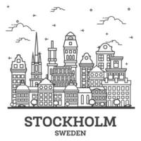 skizzieren sie die skyline von stockholm schweden mit historischen gebäuden, die auf weiß isoliert sind. vektor