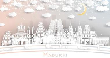 madurai indien stadtskyline im papierschnittstil mit weißen gebäuden, mond und neongirlande. vektor