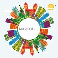 marseille Frankrike stad horisont med Färg byggnader, blå himmel och kopia Plats. vektor