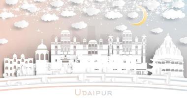 udaipur india city skyline im papierschnittstil mit weißen gebäuden, mond und neongirlande. vektor