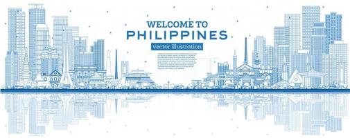 skizzieren sie willkommen in der philippinischen stadtskyline mit blauen gebäuden und reflexionen. vektor