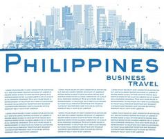 skizzieren sie die skyline der philippinischen stadt mit blauen gebäuden und kopierraum. vektor