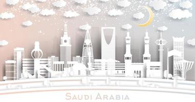 saudi arabien stad horisont i papper skära stil med snöflingor, måne och neon krans. vektor