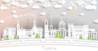 turin italien stadtskyline im papierschnittstil mit schneeflocken, mond und neongirlande. vektor