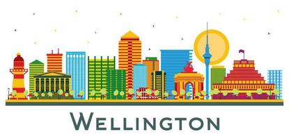 wellington ny zealand stad horisont med Färg byggnader isolerat på vit. vektor