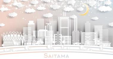 saitama japan city skyline im papierschnittstil mit weißen gebäuden, mond und neongirlande. vektor