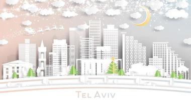 tel aviv Israel stad horisont i papper skära stil med snöflingor, måne och neon krans. vektor