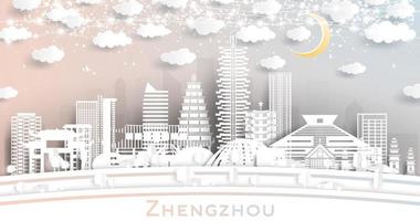 zhengzhou china city skyline im papierschnittstil mit weißen gebäuden, mond und neongirlande. vektor