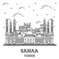 skizzieren sie die skyline von sanaa jemen mit historischen gebäuden, die auf weiß isoliert sind. vektor