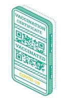 vaccination certifikat på skärm av smartphone med qr koda. isometrisk internationell certifikat av immunisering. vektor