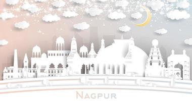 nagpur india city skyline im papierschnittstil mit weißen gebäuden, mond und neongirlande. vektor