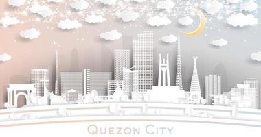 quezon city philippinen skyline im papierschnittstil mit weißen gebäuden, mond und neongirlande. vektor