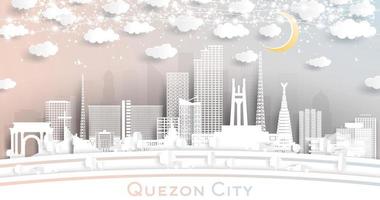 quezon stad filippinerna horisont i papper skära stil med vit byggnader, måne och neon krans. vektor